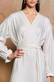 Robe Midi Blanc Satin Trapèze Col V