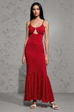 Robe Longue Rouge Satin Fourreau Bretelles Spaghetti