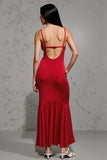 Robe Longue Rouge Satin Fourreau Bretelles Spaghetti