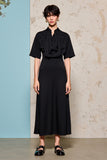 Robe Longue Noir Satin Trapèze Col Montant