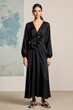 Robe Noir Longue Satin Trapèze Col V