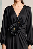 Robe Noir Longue Satin Trapèze Col V