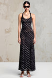 Robe Longue Noir Tulle Trapèze À Pois Bretelles Spaghetti