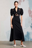 Robe Longue Satin Noir Trapèze Col V