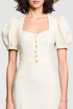 Robe Midi Ivoire Trapèze Satin Col Carré