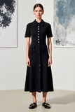 Robe Midi Satin Noir Trapèze Avec Col