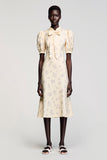 Robe Midi Abricot Satin Trapèze Col Montant