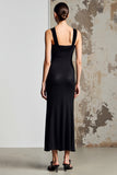 Robe Longue Noir Satin Trapèze Scoop