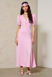 Robe Longue Satin Trapèze Rose Col V