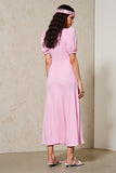 Robe Longue Satin Trapèze Rose Col V