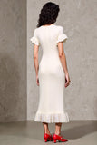 Robe Ivoire Satin Fourreau Midi Col Bijou