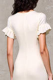 Robe Ivoire Satin Fourreau Midi Col Bijou