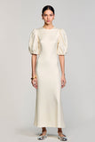 Robe Longue Ivoire Satin Fourreau Col Bijou