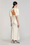 Robe Longue Ivoire Satin Fourreau Col Bijou