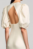 Robe Longue Ivoire Satin Fourreau Col Bijou