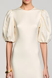 Robe Longue Ivoire Satin Fourreau Col Bijou
