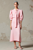 Robe Midi Rose Satin Trapèze Avec Col