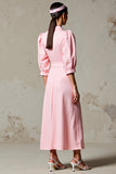 Robe Midi Rose Satin Trapèze Avec Col
