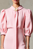 Robe Midi Rose Satin Trapèze Avec Col