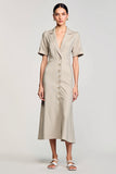 Robe Midi Gris Satin Trapèze Revers Cranté