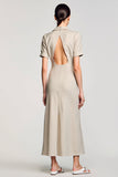 Robe Midi Gris Satin Trapèze Revers Cranté