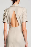 Robe Midi Gris Satin Trapèze Revers Cranté