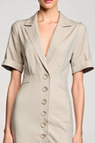 Robe Midi Gris Satin Trapèze Revers Cranté