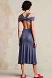 Robe Midi Gris Bleu Trapèze Épaule Dénudée