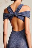 Robe Midi Gris Bleu Trapèze Épaule Dénudée