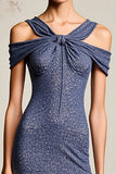 Robe Midi Gris Bleu Trapèze Épaule Dénudée