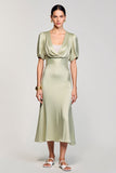 Robe Midi Vert Sauge Satin Fourreau Col Carré