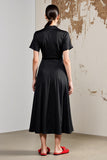 Robe Midi Noir Satin Trapèze Revers Cranté