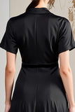 Robe Midi Noir Satin Trapèze Revers Cranté