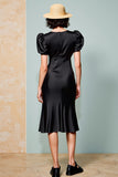 Robe Midi Satin Trapèze Noir Col Carré