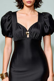 Robe Midi Satin Trapèze Noir Col Carré