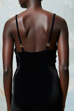 Robe Midi Noir Satin Fourreau Capot