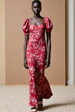 Robe Longue Rouge Imprimer Fourreau Col Carré
