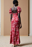 Robe Longue Rouge Imprimer Fourreau Col Carré
