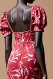 Robe Longue Rouge Imprimer Fourreau Col Carré