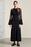 Robe Longue Satin Trapèze Noir Ras De Cou