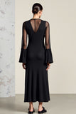 Robe Longue Satin Trapèze Noir Ras De Cou