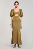 Robe Longue Olive Satin Trapèze Col Carré