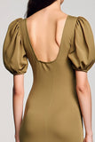 Robe Longue Olive Satin Trapèze Col Carré