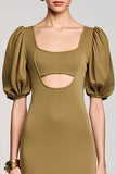 Robe Longue Olive Satin Trapèze Col Carré