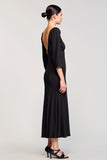 Robe Longue Noir Fourreau Satin Col Carré