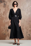 Robe Midi Noir Trapèze Satin Col V