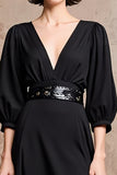 Robe Midi Noir Trapèze Satin Col V