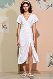 Robe Blanc Midi Satin Trapèze Col V