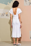 Robe Blanc Midi Satin Trapèze Col V