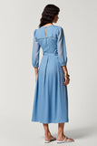 Robe Midi Bleu Satin Trapèze Col Bijou